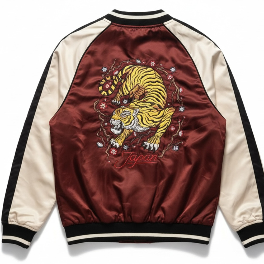 Sukajan Bomber Jacket USA 2 Burgundy Satin Tiger Japan Embroidered Streetwear